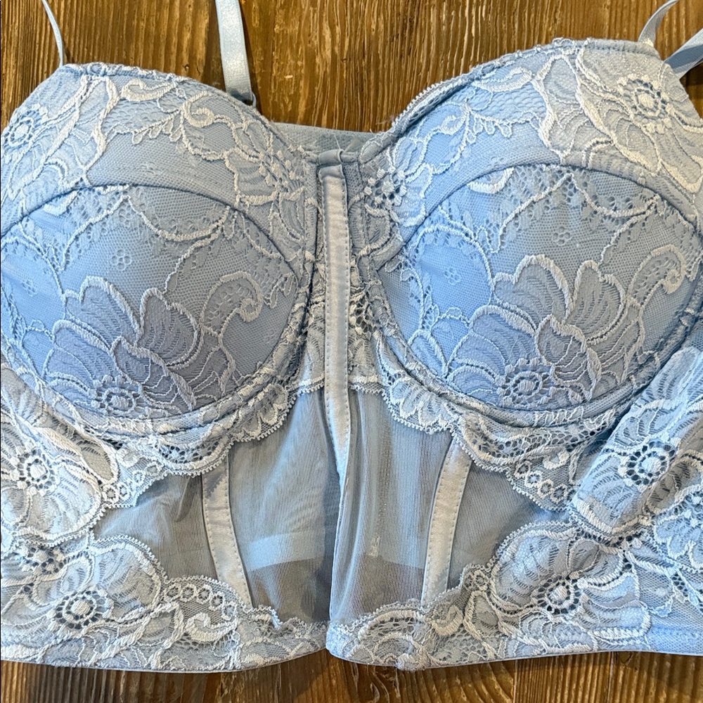 Say What? Pale Blue Lace Bustier Crop Top with Underwire